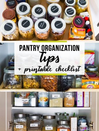 picture of a pantry with text overlay saying pantry organization tips printable checklist