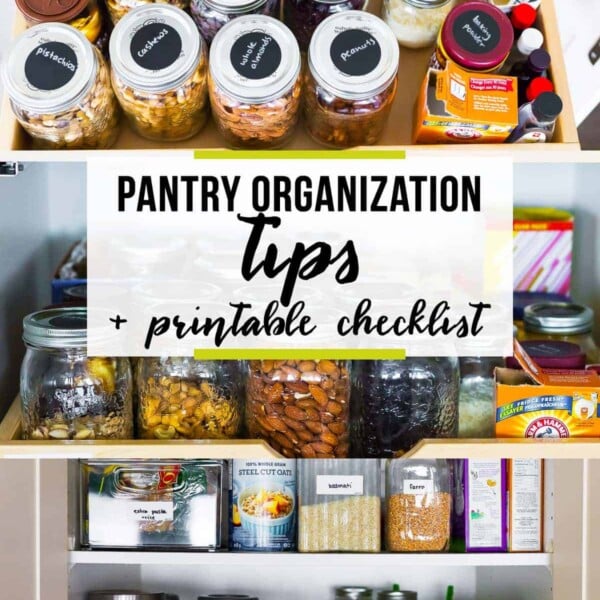picture of a pantry with text overlay saying pantry organization tips printable checklist