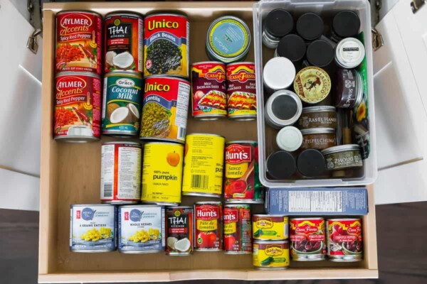 overhead view of organized jars in a pantry