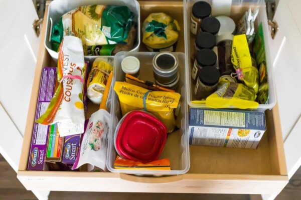 a bunch of food items in a pantry