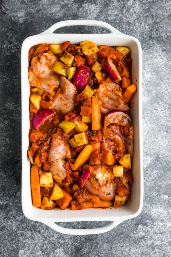 portuguese chicken bake in casserole dish before baking