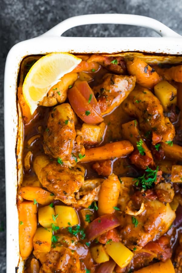 close up shot of the cooked portuguese freezer chicken bake