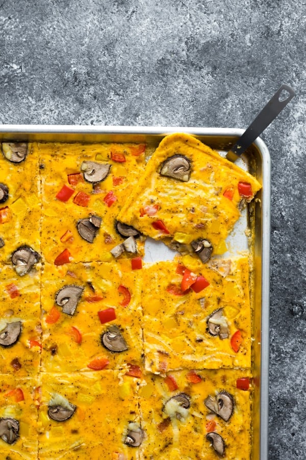 overhead view of sheet pan eggs