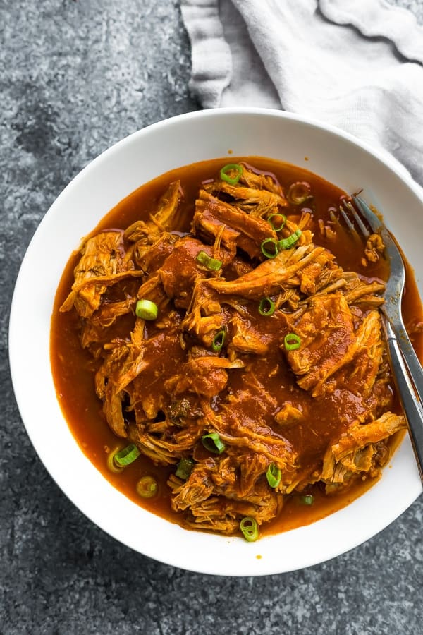 pulled pork slow cooker recipe in white bowl