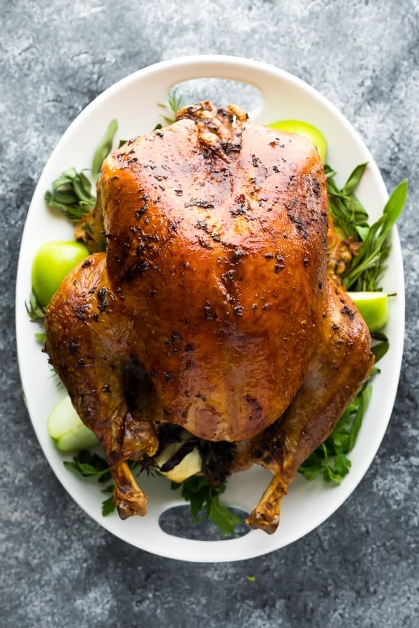 overhead shot of thanksgiving turkey after being cooked on white serving plate