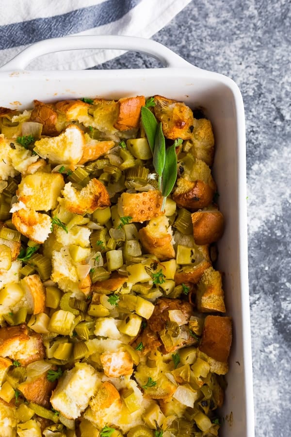 close up shot of make ahead stuffing after baking