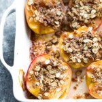 overhead shot of simple baked apples in a white pan