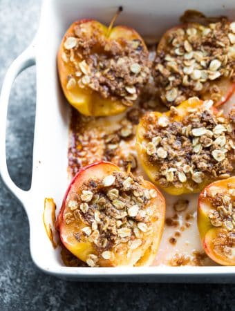 overhead shot of simple baked apples in a white pan