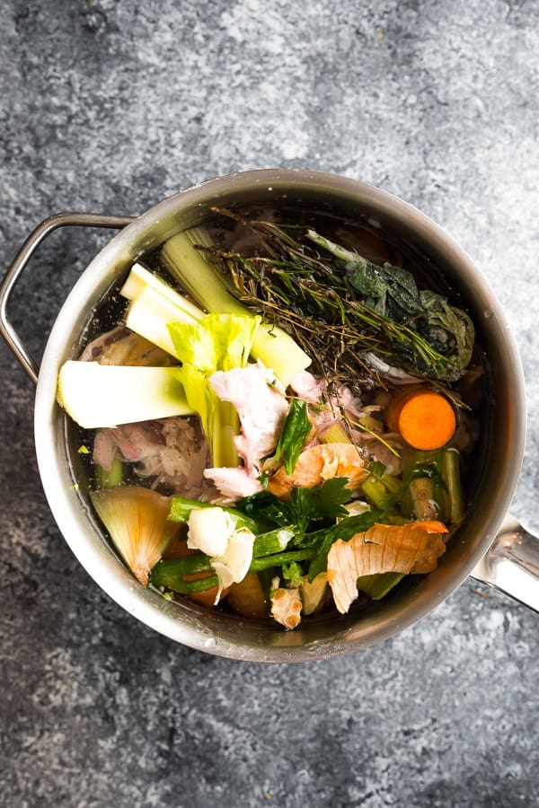 ingredients for turkey stock recipe in a pot