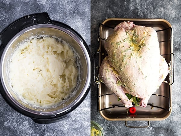 collage image of mashed potatoes in instant pot and a turkey on a large pan before baking