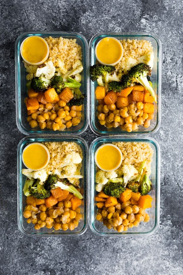 overhead shot of the Vegan Roasted Vegetable Meal Prep in four meal prep containers