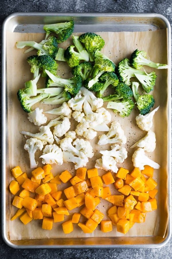 vegetables for the Vegan Roasted Vegetable Meal Prep on a sheet pan