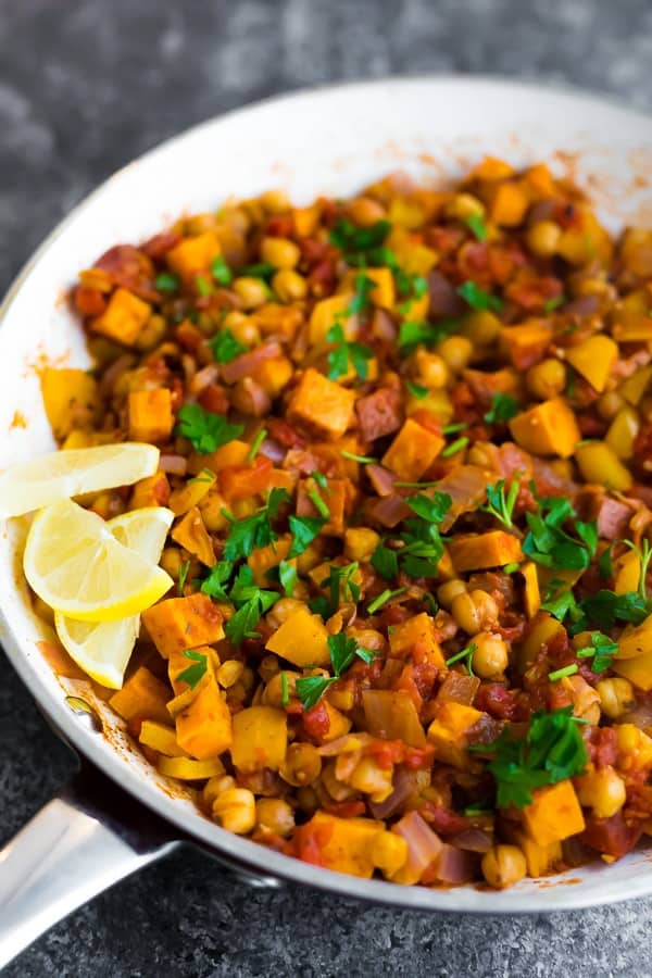 cooked Vegan Moroccan Chickpea Skillet in white pan