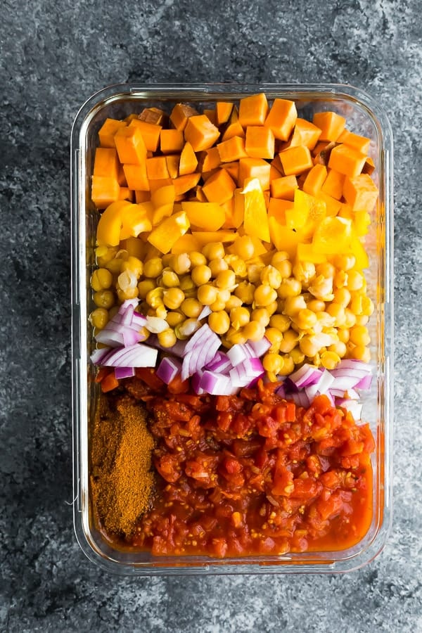Vegan Moroccan Chickpea Skillet ingredients in glass container