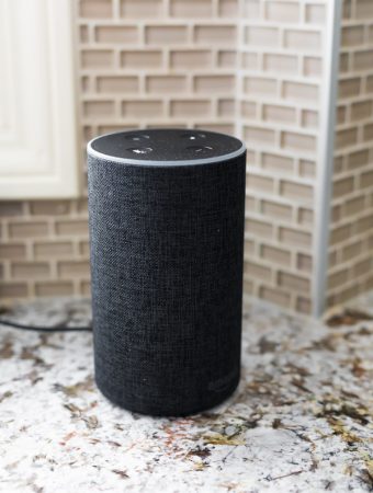 Close up of an Amazon Echo on counter