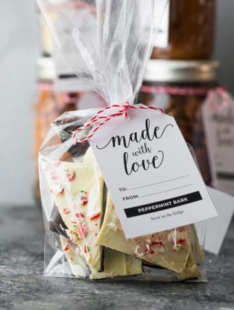 bag filled with classic peppermint bark with tag saying made with love