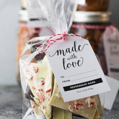 bag filled with classic peppermint bark with tag saying made with love