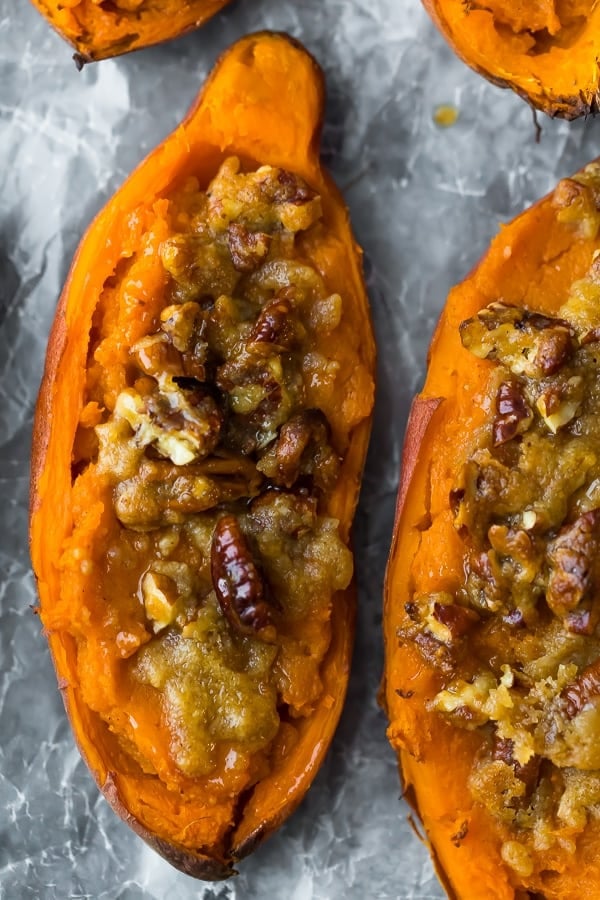 overhead view of sweet potato casserole in sweet potato skins