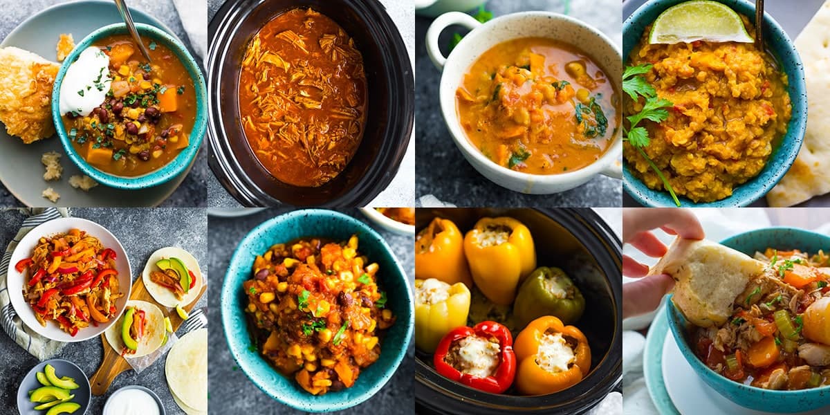 collage image of four different crock pot freezer recipes