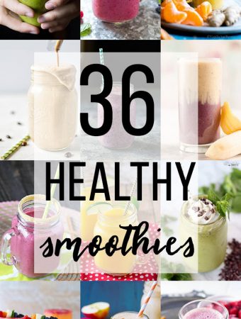 collage image of multiple smoothies with text overlay saying 36 healthy smoothies