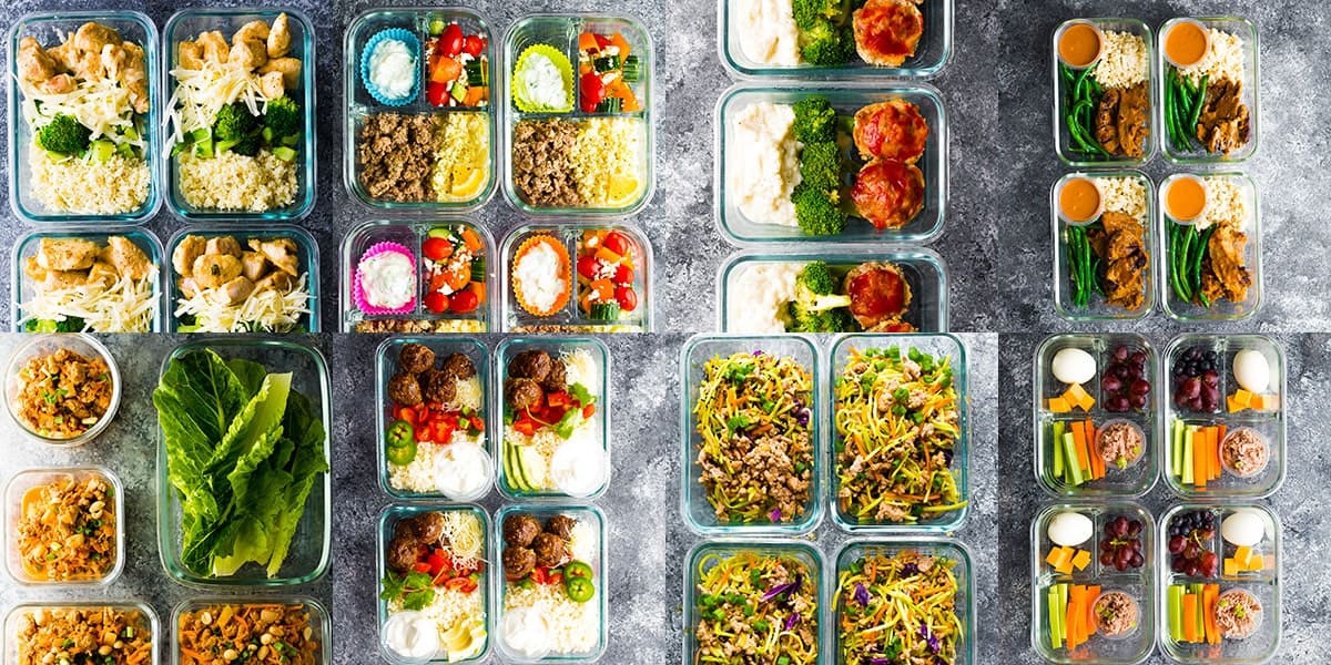 collage image of multiple glass meal prep containers with different low carb foods
