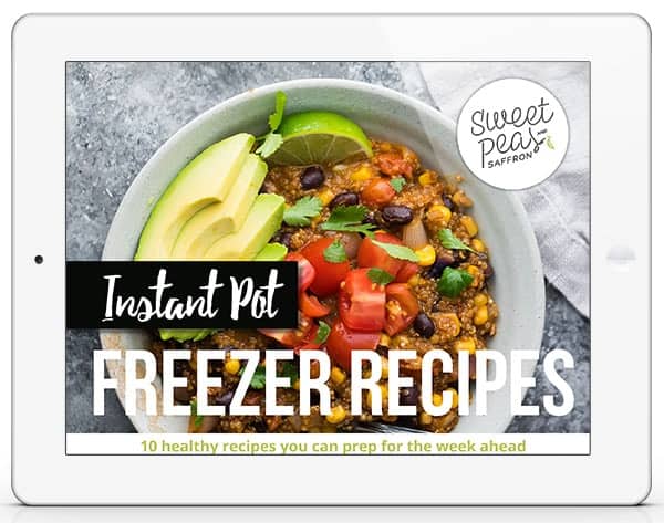 bowl of food with beans, avocados, tomatoes and text overlay saying instant pot freezer recipes