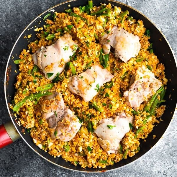 overhead shot of Indian chicken in a large skillet