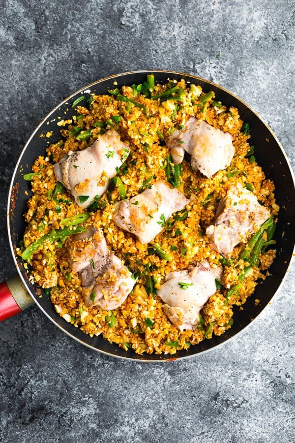 overhead shot of Indian chicken in a large skillet