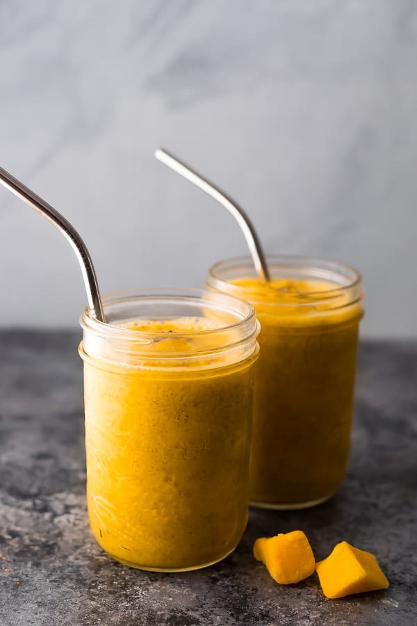 healthy mango smoothie recipe in mason jars