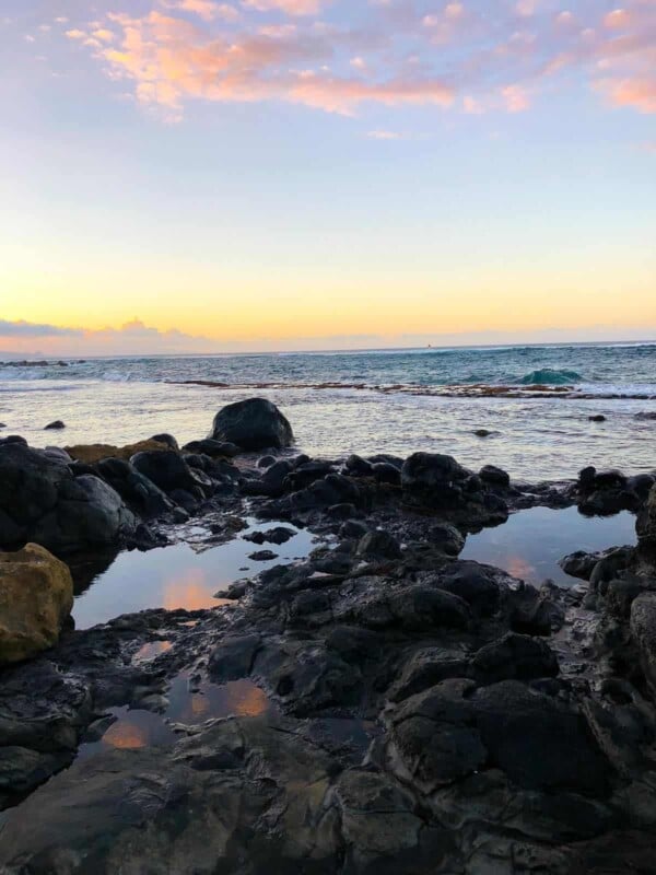 A rocky beach next to the ocean