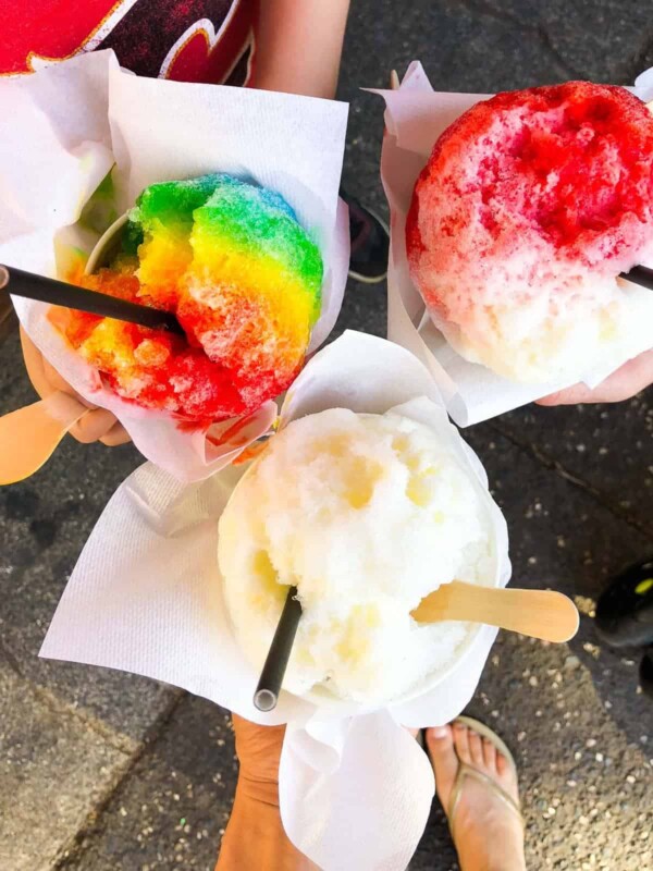 overhead shot of three different types of shaved ice