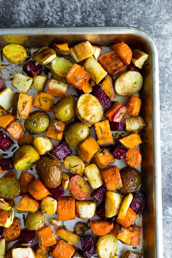 overhead view of the oven roasted root vegetables on a sheet pan