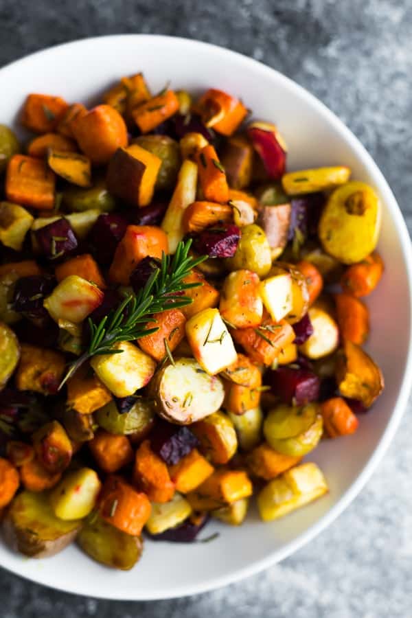 roasted root vegetables in a bowl ready to serve