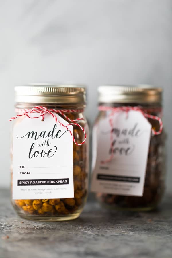 roasted chickpeas snack in glass jar with gift tag