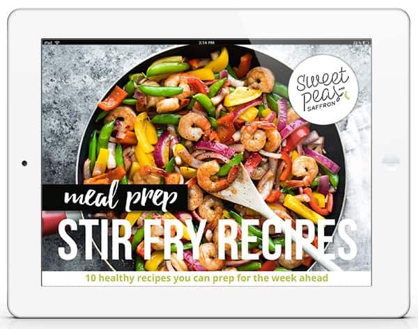 large skillet filled with stir fry shrimp and veggies with text overlay saying meal prep stir fry recipes