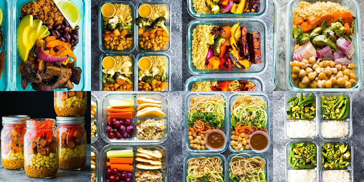 Collage image of multiple vegan foods in meal prep containers 