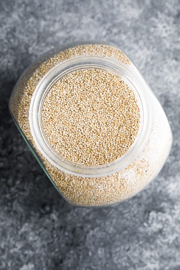 how do you cook quinoa- overhead shot of jar of uncooked quinoa