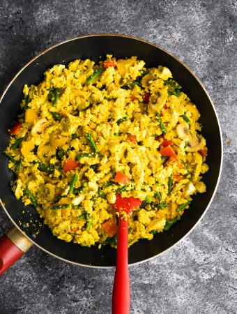 overhead shot of a large skillet filled with tofu scramble