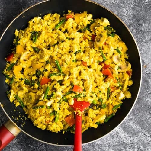 overhead shot of a large skillet filled with tofu scramble