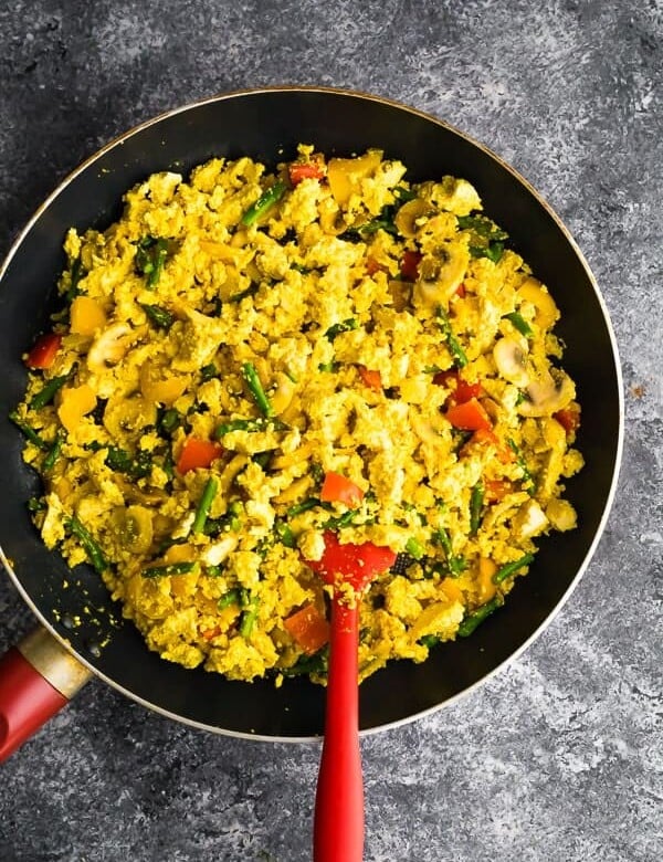 overhead shot of a large skillet filled with tofu scramble