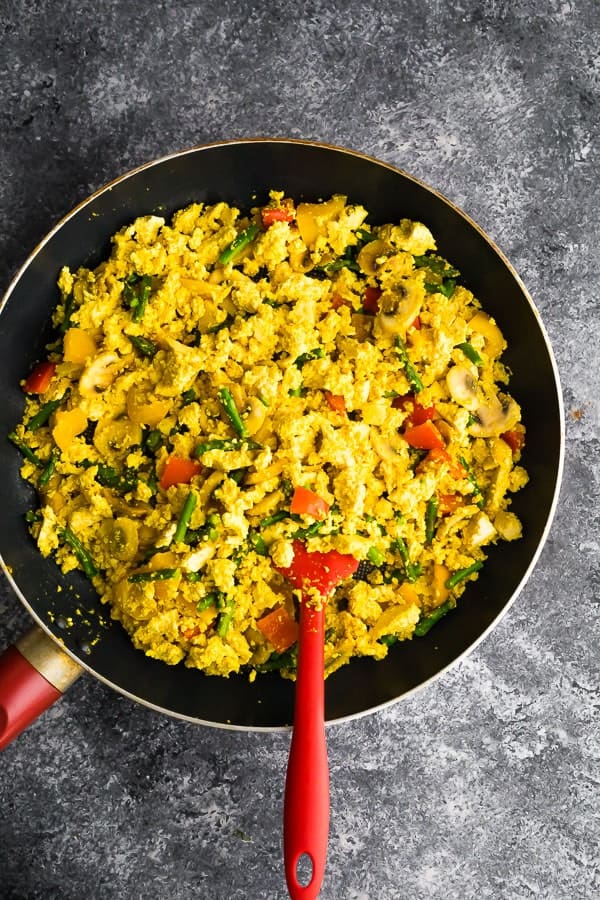 overhead shot of a large skillet filled with tofu scramble