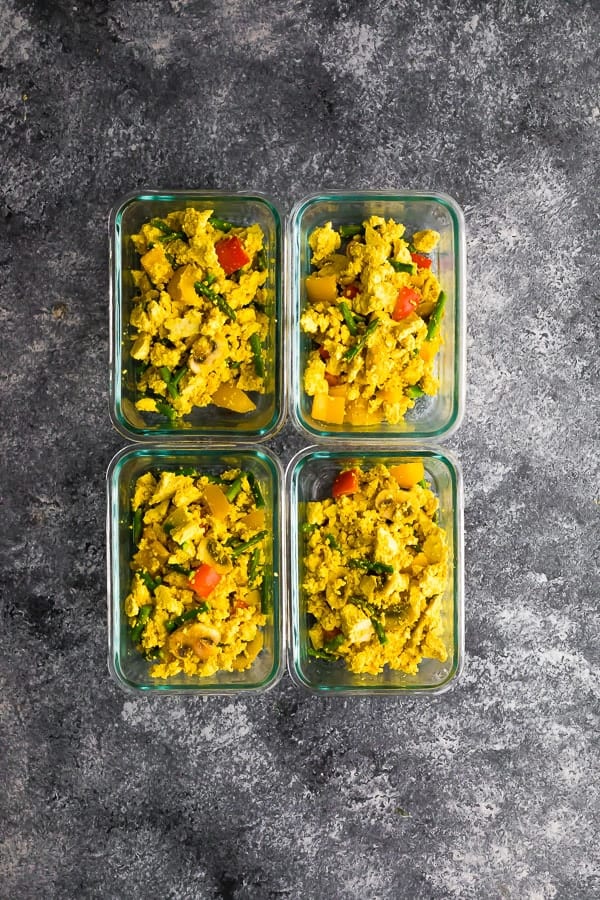 vegan tofu scramble in meal prep containers