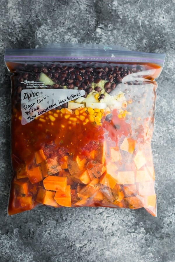 ingredients for vegan crockpot chili in a freezer bag