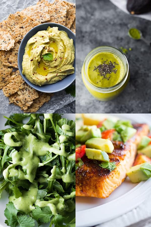 collage image with avocado recipes