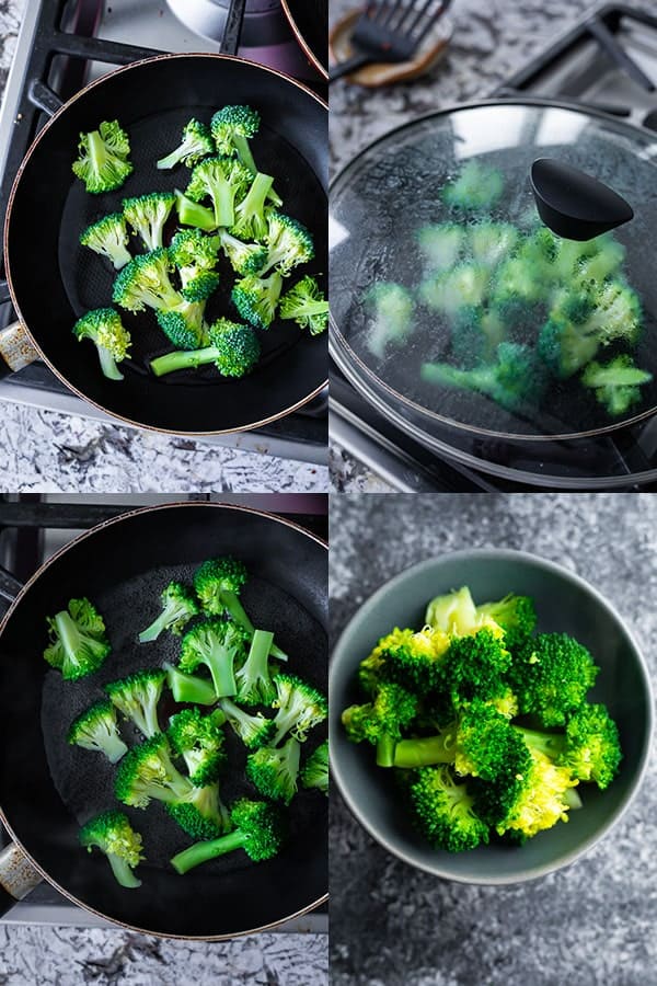 collage image showing how to steam broccoli