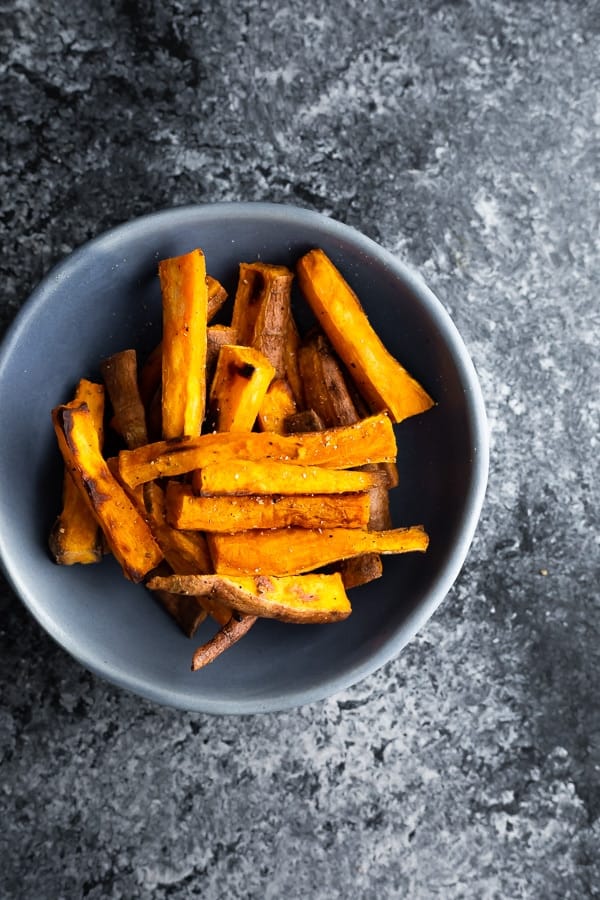 sweet potato fries (how to cook sweet potatoes in oven) in blue bowl
