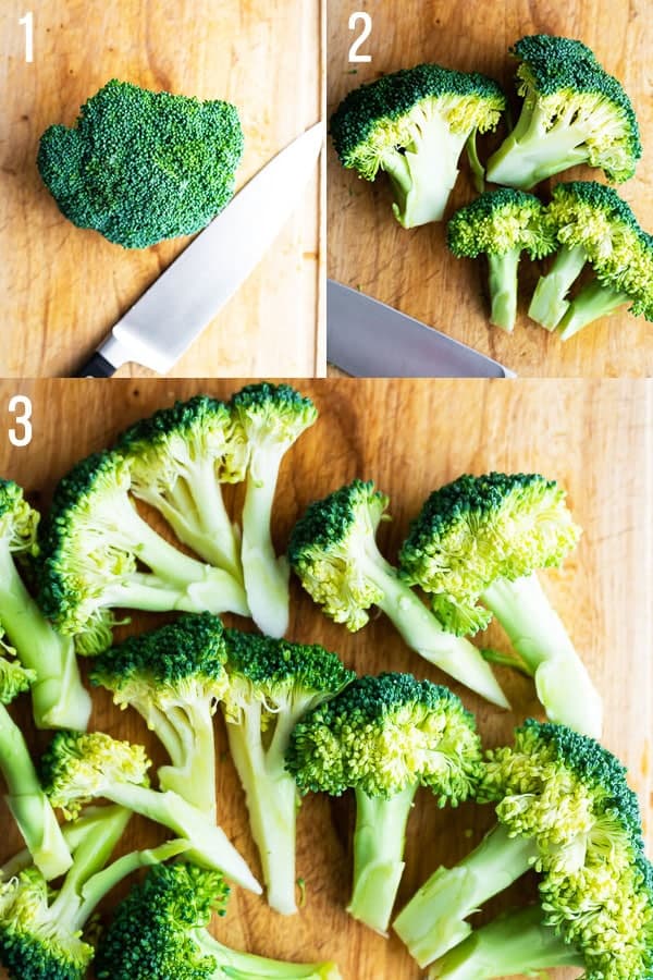 collage image showing how to cut broccoli