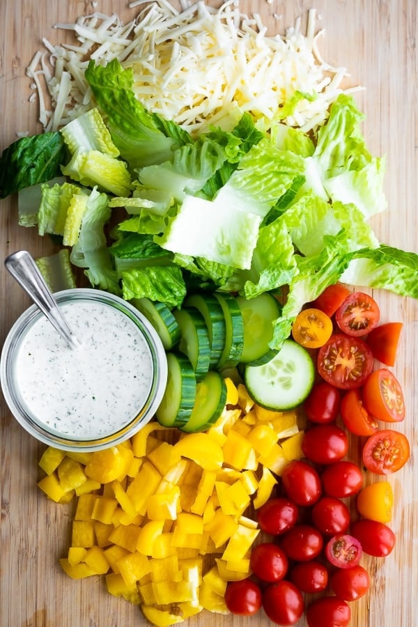 ingredients prepped for the Ranch Chicken Jar Salads