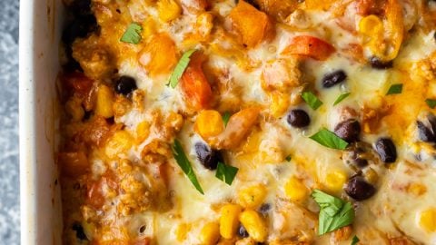 overhead shot of mexican spaghetti squash casserole in white baking dish