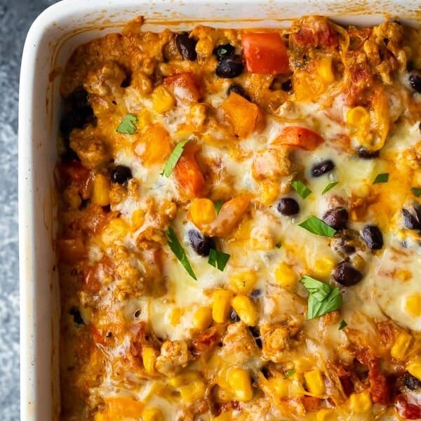 overhead shot of mexican spaghetti squash casserole in white baking dish